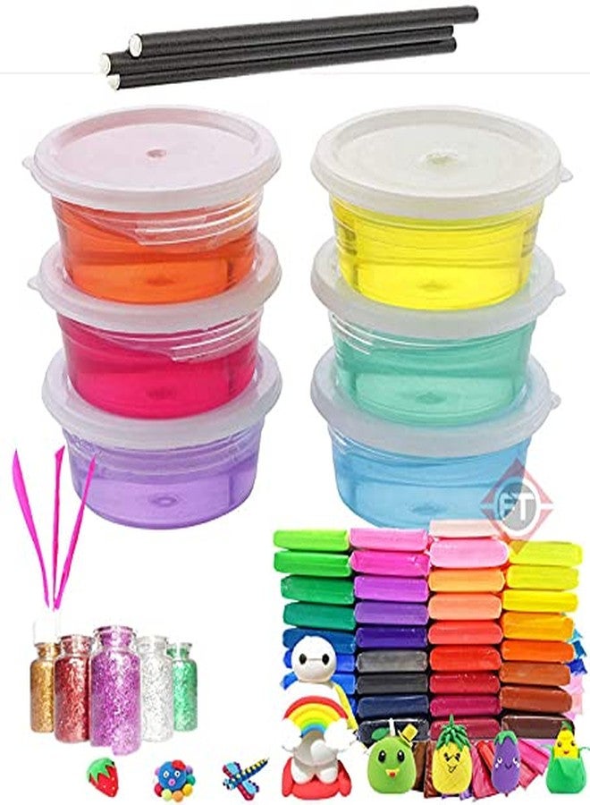 Firstly Traders New Creative Slime Kit with 6 Crystal Slime+ 48 Air Dry Clay with Free Straws, Tools, Glitter for Kids Boys and Girls Age 3+ Years Magic Slime Putty Toys - Image 1